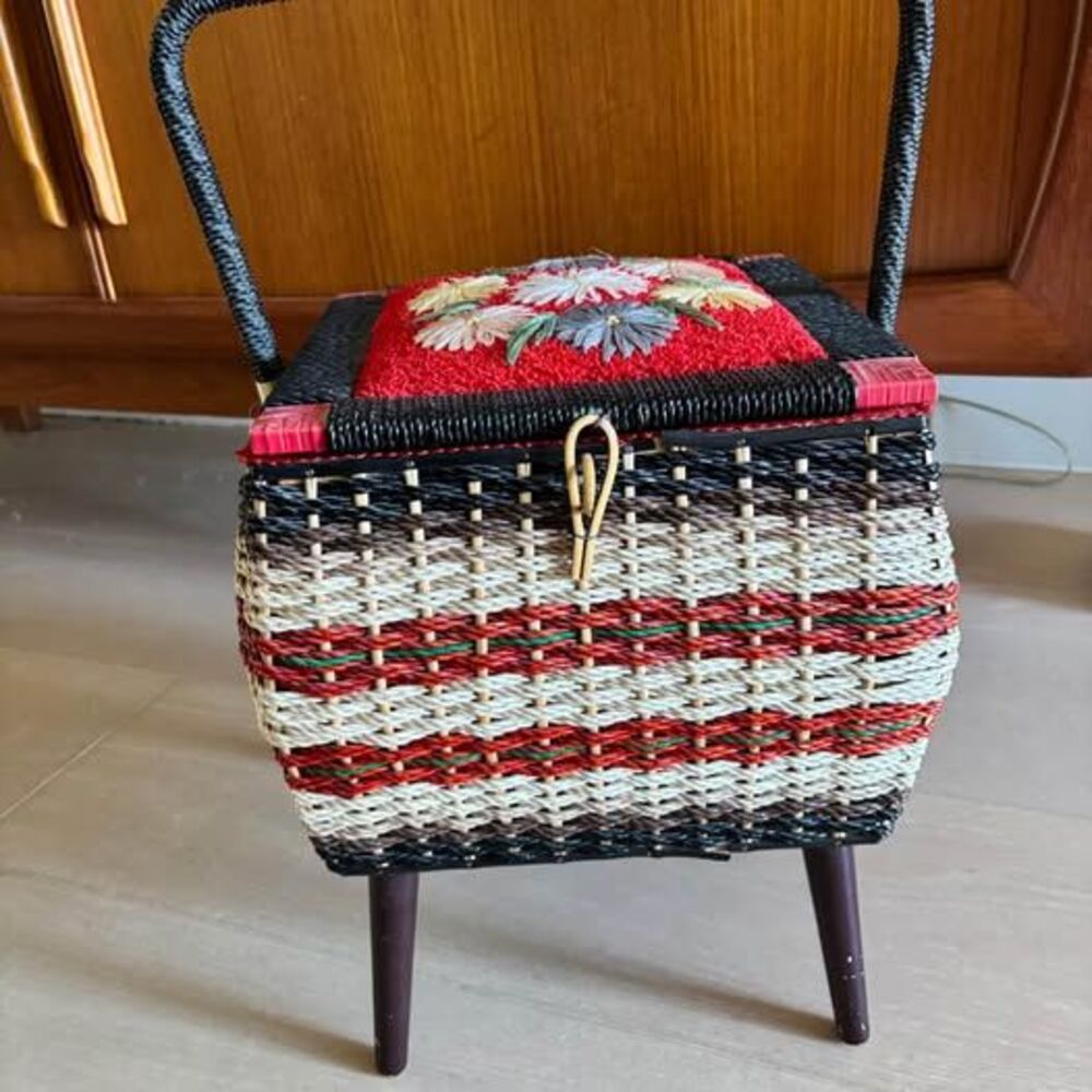 Gorgeous MCM Sewing Box with Legs and Embroidered Needlepoint Top